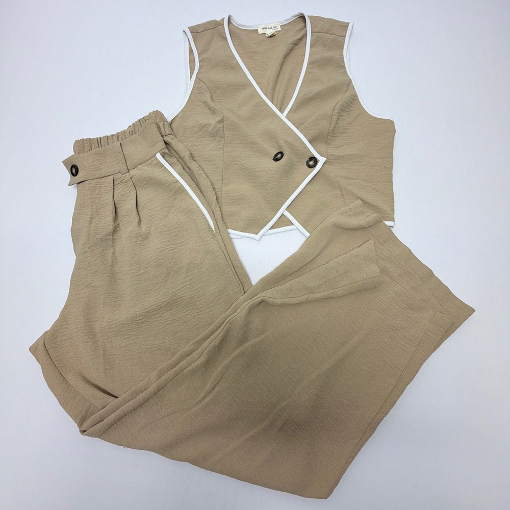 Faith and Joy by Monteau Tan Vest and Wide Leg Pant Set White Piping Size M